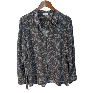 Ecru Silk Luxury Camo Leopard Print Button Down Blouse Size XL